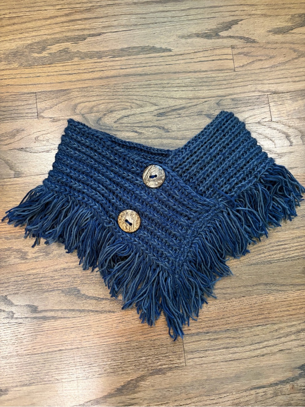 Navy Knit Fringe Button Neck Warmer, OS